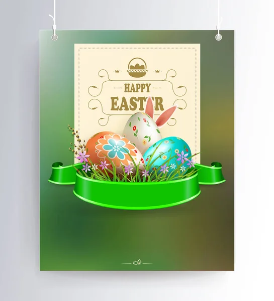 Osterkomposition aus einem grünen Farbton mit einer Silhouette von Hasenohren, drei Eiern, grünem Gras und einem quadratischen Rahmen auf Anhängern, — Stockvektor