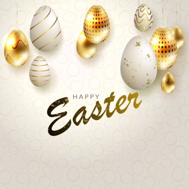 Bir dizi üzerinde kolye altın ve beyaz yumurta Paskalya hafif bej kompozisyon,
