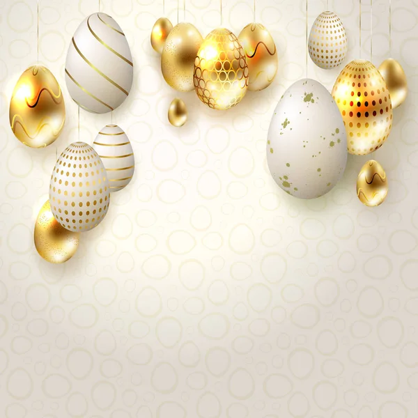 Easter light composition with eggs on golden colored pendants, — Stock Vector