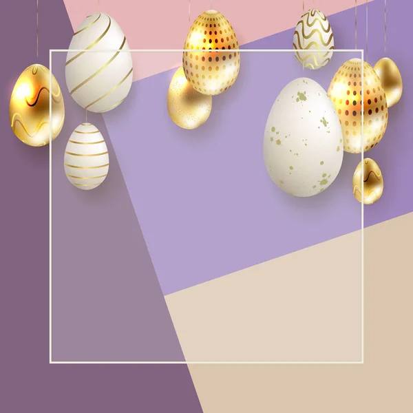 Composición de Pascua con mucho oro y huevos blancos, tarjeta de felicitación — Vector de stock