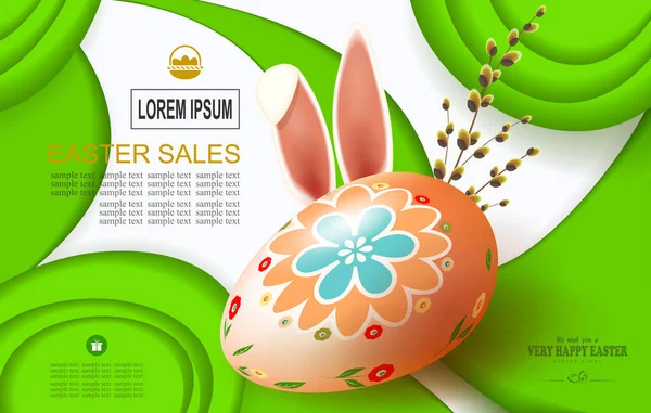 Wielkanoc zielony skład z jaj, uszy królika i gałąź wierzby, broszura, — Wektor stockowy