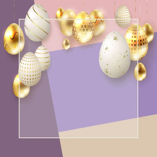 Пасхальная композиция с большим количеством золотых и белых яиц с рисунком на подвесках , — стоковый вектор