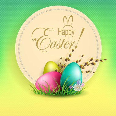 Yuvarlak bir çerçeve ve birtakım Paskalya yumurtaları ve Söğüt dalı ile açık yeşil renk kompozisyonu,