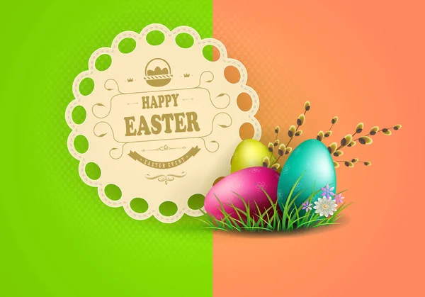 Wielkanoc, wielobarwny skład z ramki wokół szyte z plecionki, jaja, gałąź wierzby i tekst, — Wektor stockowy