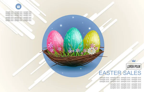 Kompozycja światła Wielkanoc z paski i trzy jaja w gnieździe, — Wektor stockowy