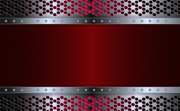 Design géométrique abstrait texturé rouge avec un cadre métallique brillant avec bordure et rivets — Image vectorielle