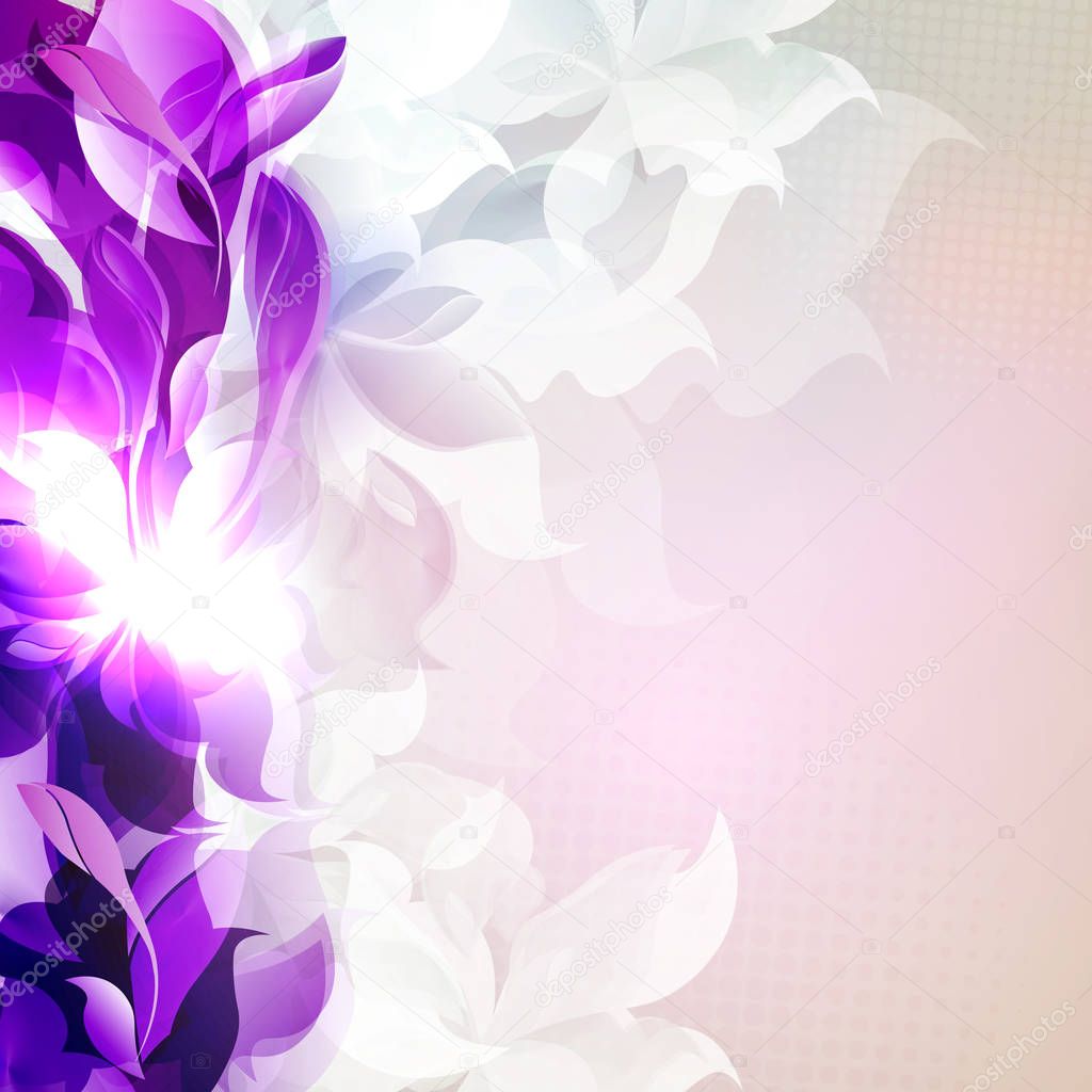 Light pink design with abstract silhouettes of violet leaves and flowers