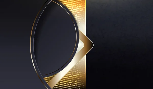 Absztrakt sötét szöveti háttér egy kerek váz, egy téglalap alakú keret fényes mozaik és egy arany nyíl — Stock Vector