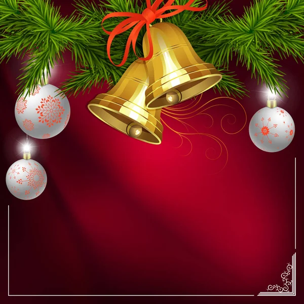 Composición roja navideña con ramas de abeto, campanas, bolas con copos de nieve — Vector de stock