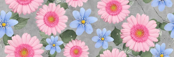 园中的粉色和蓝色春花重复背景 — 图库照片