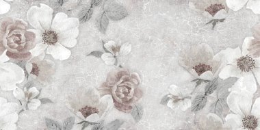 Eski beyaz duvar zemininde çiçekler, dijital duvar kiremitleri veya duvar kağıdı tasarımı