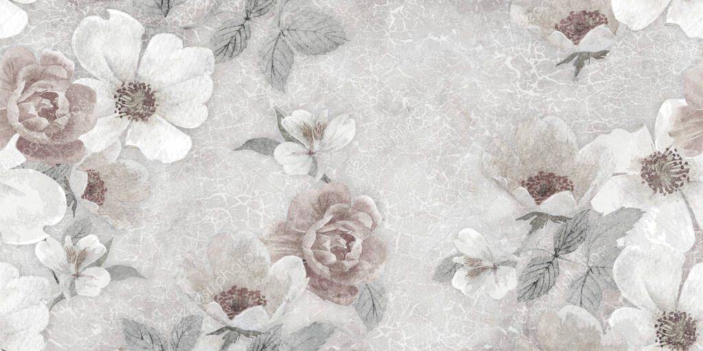 Flowers on the old white wall background, digital wall tiles or wallpaper design