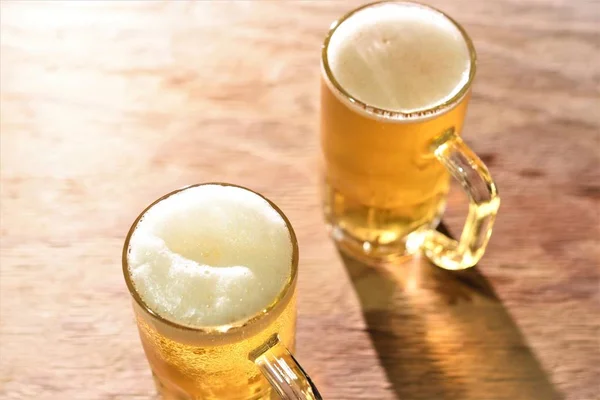 Two Beer Glasses Wood Table Sunset Time — Stock Photo, Image