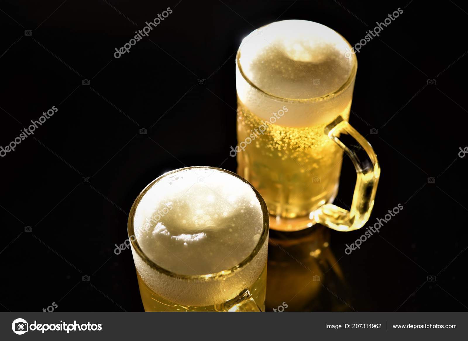 Beer Glasses Black Lacquer Table Stock Photo by