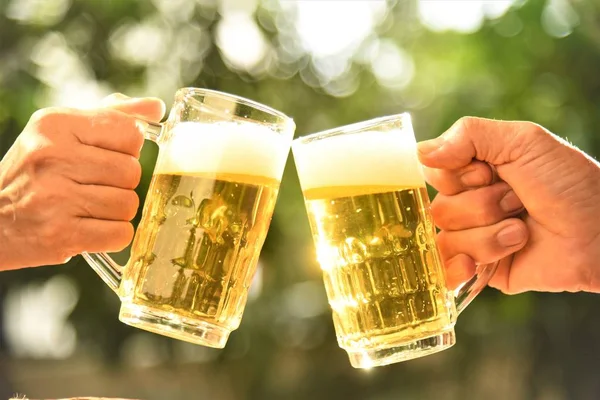 beer glasses toasting in garden