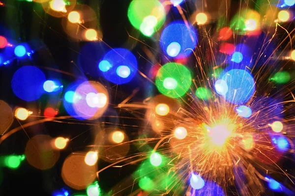 Nyår Firar Med Färg Spark Ljus Och Fyrverkeri — Stockfoto