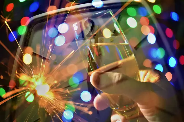 Hand Holding Champagne Glass Celebrate New Year Firework Color Light — Stock Photo, Image
