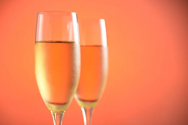 Cold Champagne Glasses Closeup Red Color Background — Stock Photo, Image