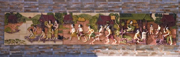 Płaskorzeźba Obraz Ścianie Watpho Bangkok Thailand Present Stary Tajski Stylu — Zdjęcie stockowe