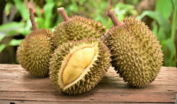 Buah Durian Raja Buah Berbaring Atas Meja Kayu Tua Taman — Stok Foto