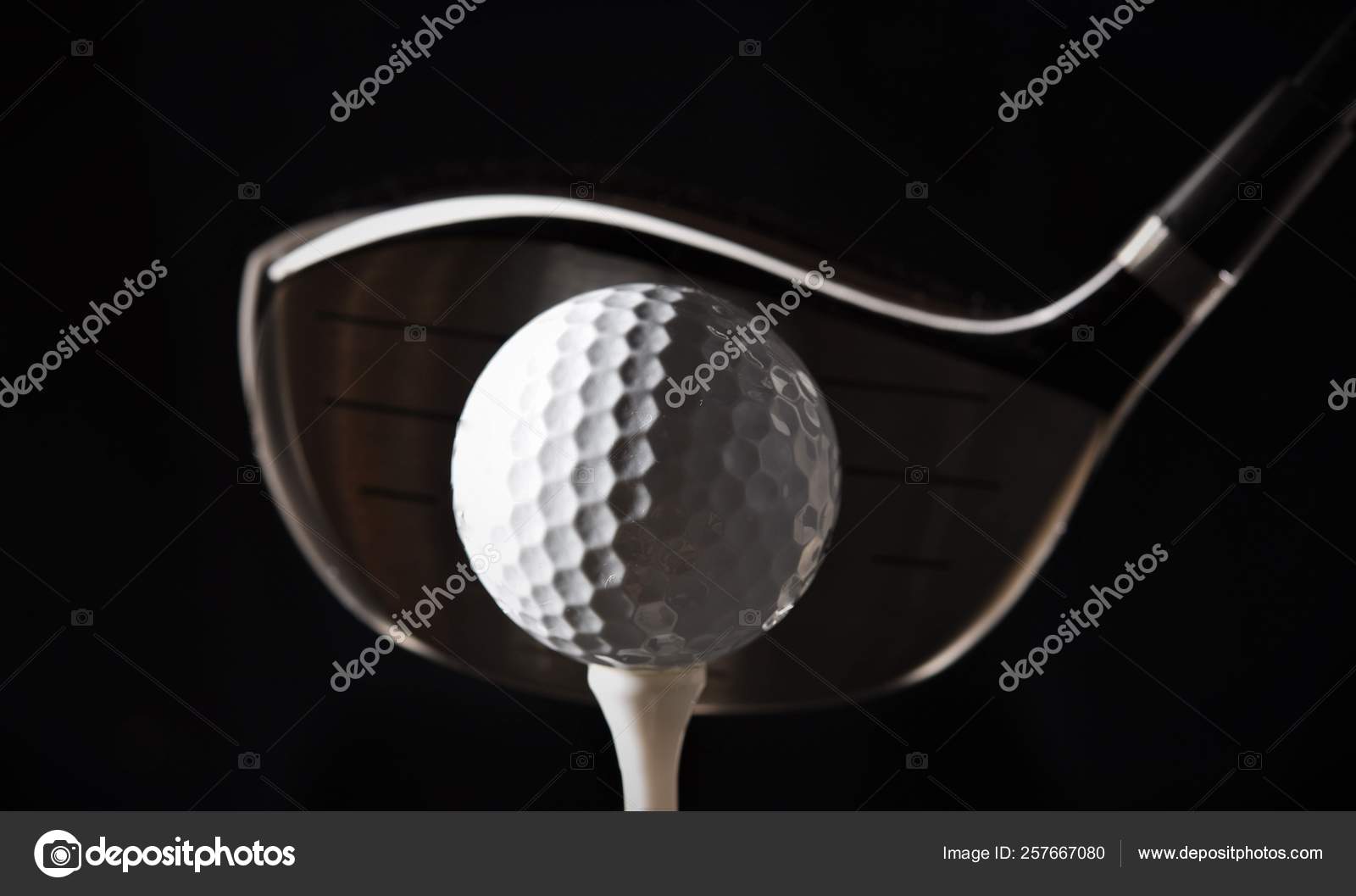 Golf Ball Tee Driver Club Head Studio Shooting High Contrast Stock
