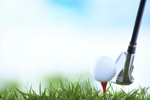 Golf Ball Tee Iron Club Head Blue Sky Background Open — Stock Photo, Image