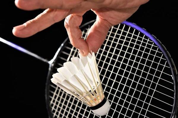 Badminton Racket Shuttlecock Player Hand Action Serving — Stock Photo, Image