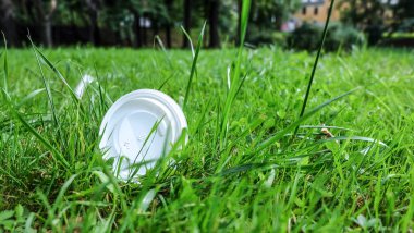 Çevre kirliliği: plastik kapak çim yatıyor.