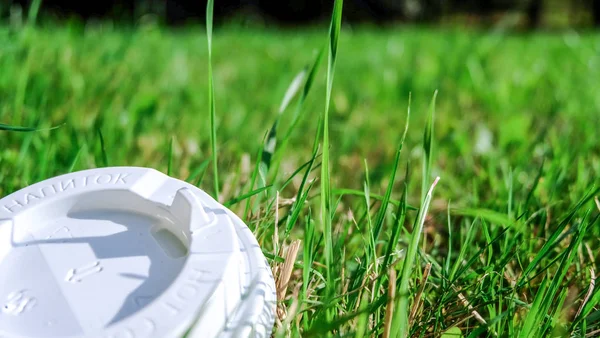 Çevre kirliliği: plastik kapak çim yatıyor.
