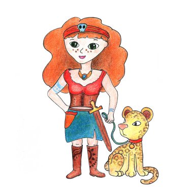 Panter beyaz arka plan üzerinde korsan kız. Kız korsan Prenses handdrawn illüstrasyon. Kızıl saçlı kız çizgi film karakteri. Kız ile leopar evde beslenen hayvan. Masal karakteri poster ya da baskı için çizilmiş