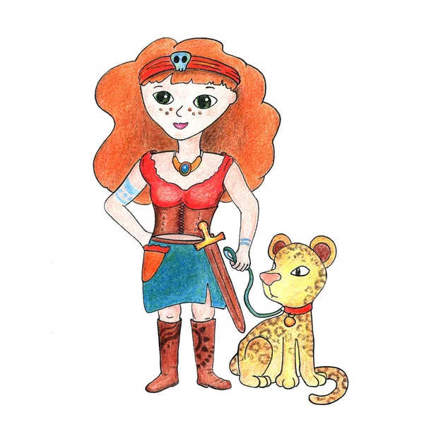 白い背景のパンサーと海賊の女の子 女の子海賊王女の手描きイラスト 赤髪の少女漫画のキャラクター ヒョウのペットを持つ少女 おとぎ話の手描き文字ポスターまたは印刷用 — ストック写真