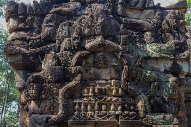 Ta Prohm Tapınağı, karmaşık, Wat Angkor Kamboçya antik taş oyma. Tapınak Harabe oyma kapısı. Popüler turistik hedef yer. Seyahat ve gezi Angkor içinde. Antik Khmer mimarisi