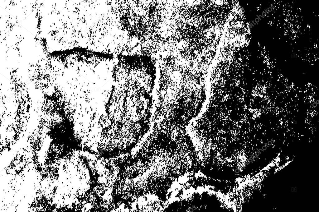 Distressed stone grungy vector texture. Black and white noisy overlay for vintage effect. Weathered stone. Grainy stone relief. Aged worn texture. Monochrome grit layer. Obsolete stone surface