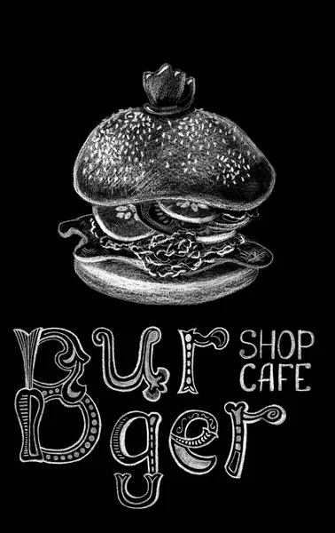 Burger and lettering by chalk on black background. Hamburger chalkboard with whimsical letters. Burger handdrawn illustration isolated. Tasty meat and vegetables snack. Cafe banner. Restaurant menu