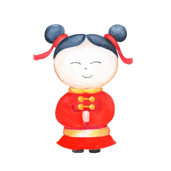 Chinese Girl Traditional Red Costume Chinese Kid Watercolor Illustration White — Stock Photo, Image