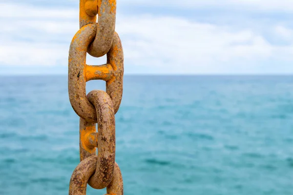 Kette Und Blauem Meer Gelbe Anlegekette Des Frachtschiffs Handelsversand Auf — Stockfoto