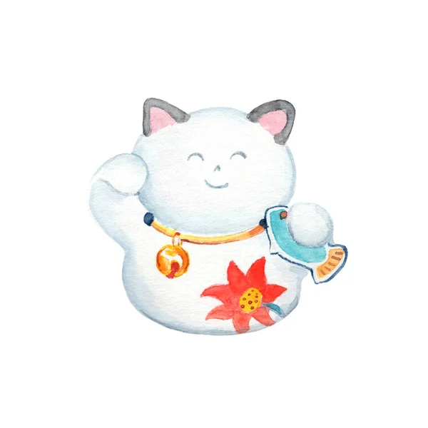 白色的幸运猫水彩插图白色背景 中国传统的猫雕像 Maneki Neko 中国本土纪念品 Handdrawn 剪贴画 滑稽的肥胖猫字符 — 图库照片