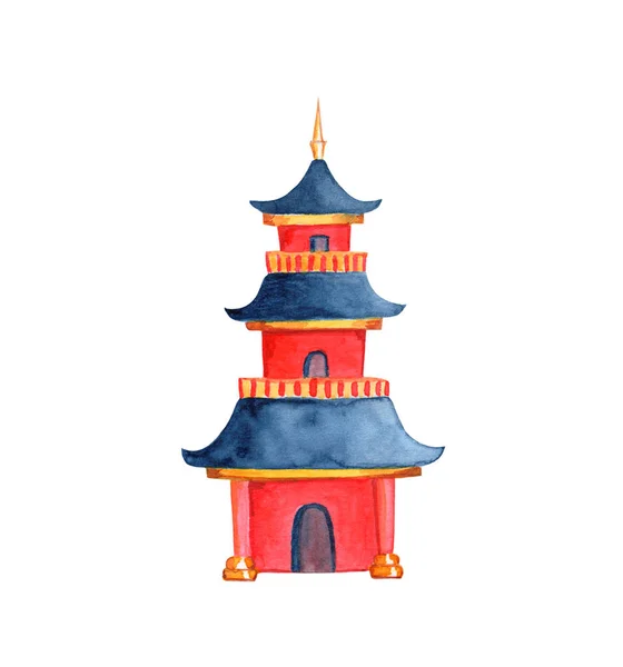 白い背景の上の中国寺院 道教や仏教寺院の水彩イラスト 漫画のパゴダが分離されました 東アジア宗教寺院の伝統的な建築様式 赤と黒の塔のアイコン — ストック写真