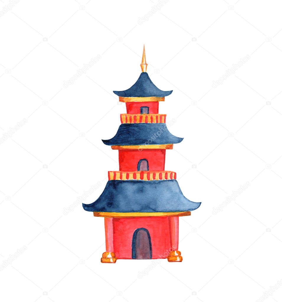 Chinese pagoda on white background. Taoist or buddhist temple watercolor illustration. Cartoon pagoda isolated. East Asia traditional architecture of religious temple. Red and black pagoda icon