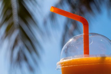 Mango shake ve dalları palmiye. Sarı mango suyu şeffaf plastik kap içinde. Tropikal plaj içki. Yaz tatil banner şablon. Egzotik ülkeye seyahat. Palmiye ağacı sahil üzerinde soğutma içecek