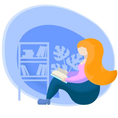 Kız kitap düz vektör Illustration okuyun. Kitap okuma kadın karakter okuma. Relax için okuma hobi. Kendi kendine eğitim veya kavram öğrenme. Kitap hal ve Saksı bitki arka plan. Sakin hafta sonu etkinliği