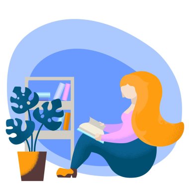 Kitap okuma kız. Rahat yaşam tarzı düz stil vektör çizim beyaz arka plan üzerinde. Kızıl saçlı kadın kitap okumak. Aşk okuma veya kendi kendine eğitim kavramı. Kitap hal ve Saksı bitki. Sakin hafta sonu