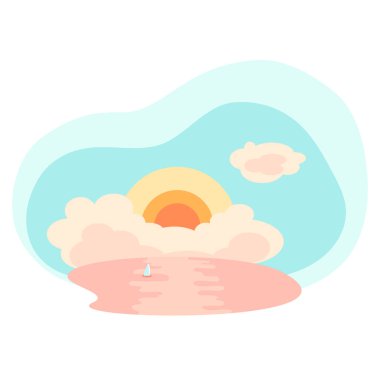 Bulutlu gün batımı ve deniz. Tropikal deniz manzara düz stil vektör çizim. Beyaz zemin üzerine yaz seyahat sahne. Turuncu günbatımı bulut ile. Romantik deniz yat yelken ile. Yaz tatil gezisi