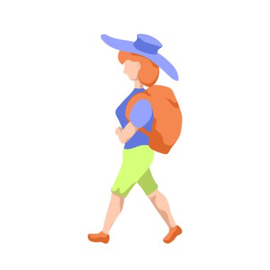 Şapkalı, düz stil vektör çizim beyaz arka plan üzerinde Backpacker kız. Kadın sırt çantası ile seyahat. Boşluk yıl seyahat kız torbayla. Kadın hipster seyahat. Yaz tatil gezi clipart