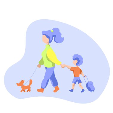 Anne ile çocuk ve köpek yürüyüş. Anne okula yürüyüş çocuk. Küçük bir çocukla durumda. Köpek ve çocuk sabah yürüyüş. Üst ve alt için sağlıklı bir yaşam tarzı aktivite. Yolculuk için aile ve evde beslenen hayvan kavramı