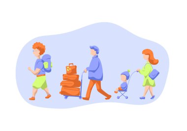 Yolcu Bagaj ve yük arabaları, yürüme düz vektör çizim beyaz arka plan üzerinde. Havaalanında turist grubu. Kişi Bagaj ile seyahat. Yaz tatili için giden insanlar. Farklı Bagaj tipi