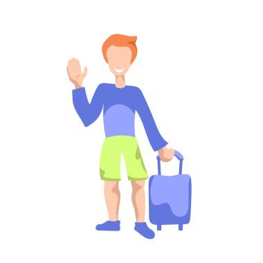 Mutlu adam çanta el sallayarak. Mutlu turizm yaz tatil. Gülümseyen adam tatile jesti tebrik. Yaz tatil yolcu. Hippi izole seyahat çantası ile. Gezgin simgesi