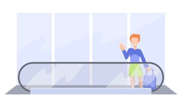 Bavula travelator olan kızıl saçlı adam. Hipster seyahat çantası havaalanında ile. Mutlu turizm yaz tatil. Tatile giden adam gülümseyerek el sallayarak. Yaz tatil yolcu. Gezgin simgesi