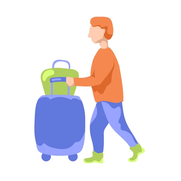带手提箱和包的人 在白色背景上的旅行者平面式矢量插图 旅行的人推大行李箱 男性游客被隔离 机场旅客带行李 旅游图标 — 图库矢量图片