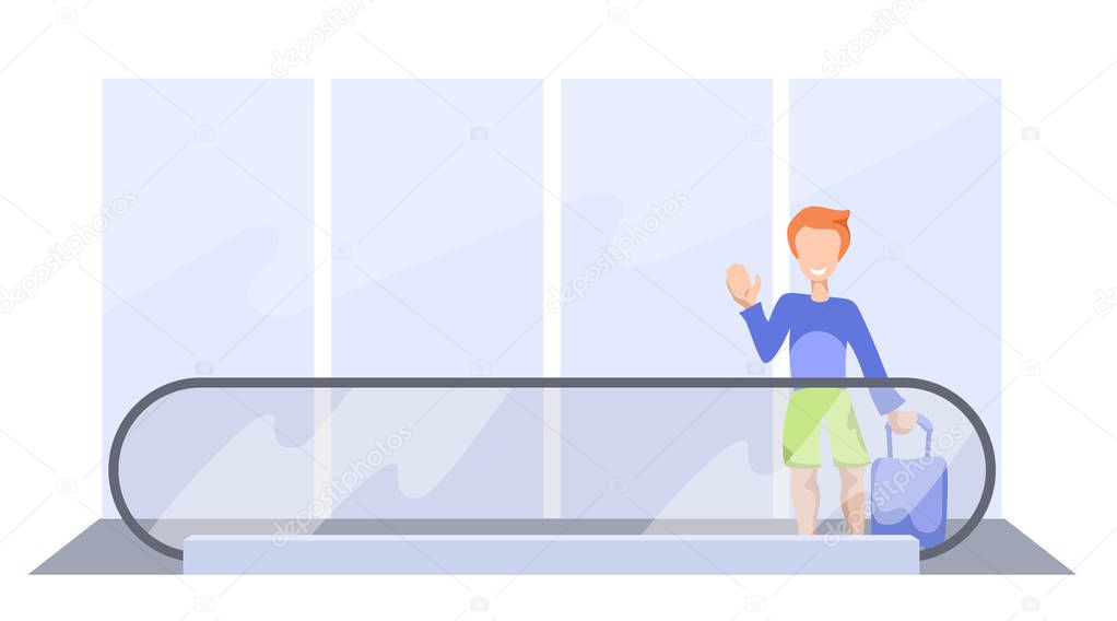 Red hair man with suitcase on travelator. Hipster with travel case in airport. Happy tourist on summer vacation. Waving hand smiling man going on vacation. Summer holiday traveller. Traveler icon